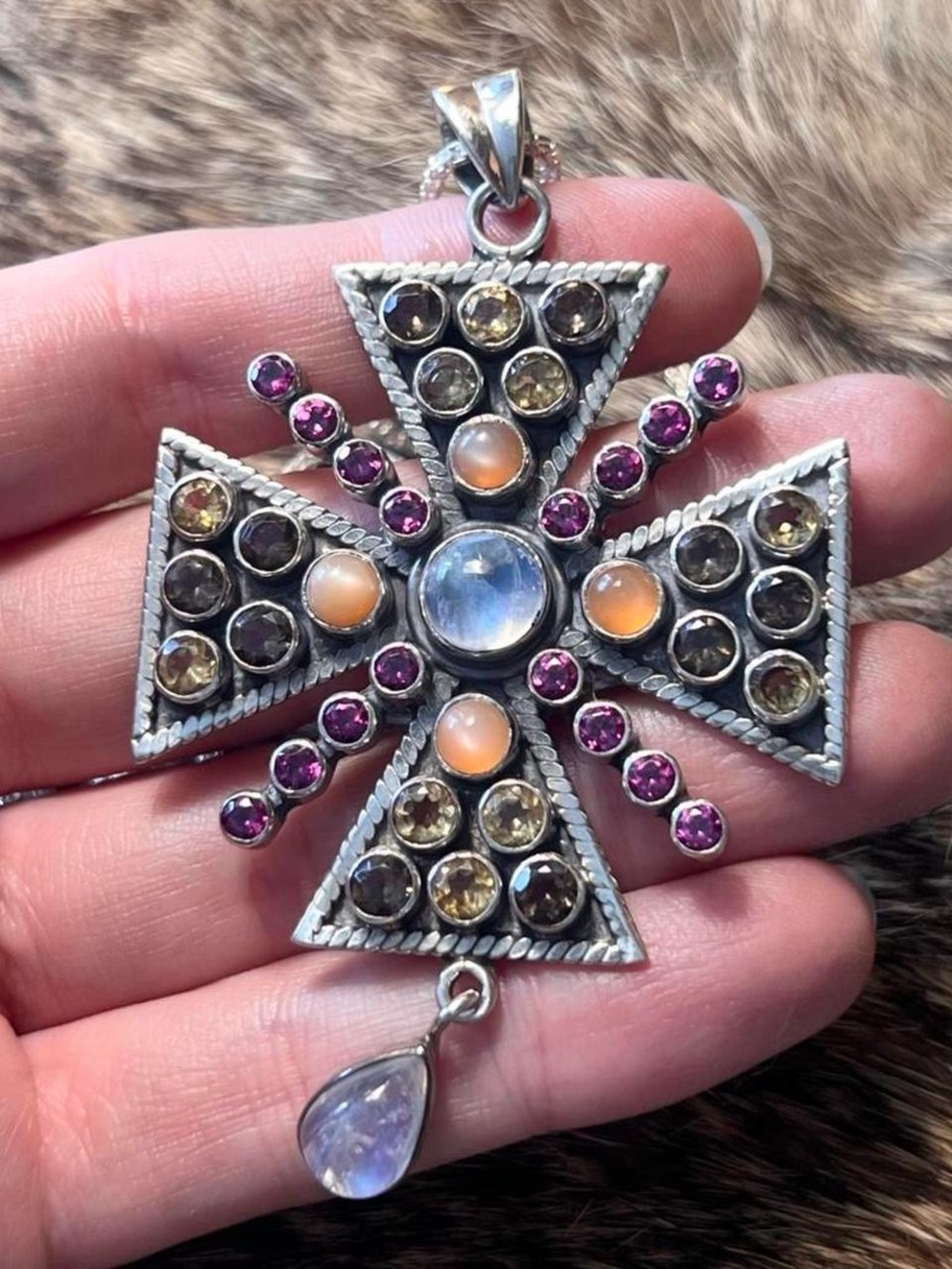 Sterling Nicky Butler Greek-Orthodox style gemstone cross pendant necklace